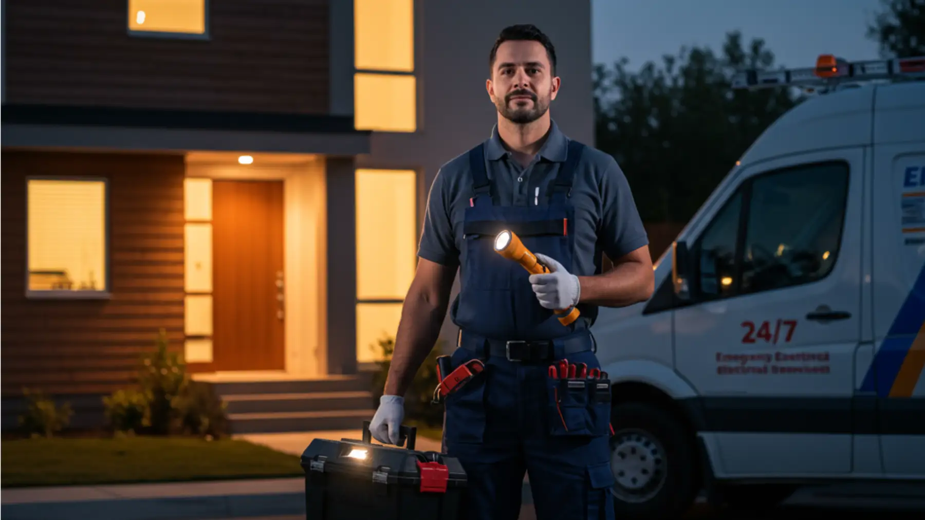 Eagle Power licensed electrician with a service van on a night emergency call in Greater Vancouver